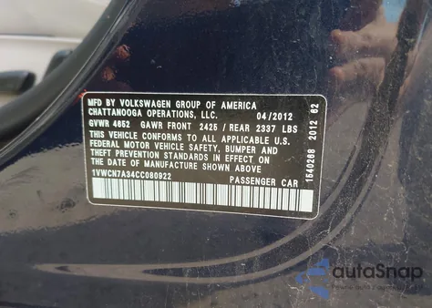 2012 Volkswagen Passat 2.0L Tdi Sel Premium from USA, damaged, VIN 1VWCN7A34CC080922